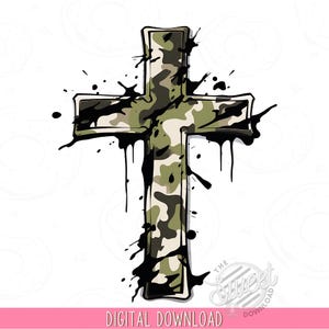 May include: A digital graphic of a cross with a camouflage pattern in shades of green, brown, and tan. Black paint splatters surround the cross, and the words "DIGITAL DOWNLOAD" are at the bottom.