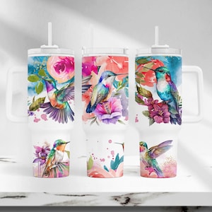 Hummingbird 40 oz Tumbler Wrap, Watercolor 40 oz Tumbler PNG, Floral Humming bird 40 oz Sublimation Tumbler, 40 oz Tumbler Template