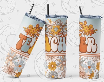 Teacher 20 oz Skinny Tumbler Design, Retro Tumbler PNG, Floral Sublimation Tumbler, Back to School Tumbler Wrap, Seamless Tumbler Template