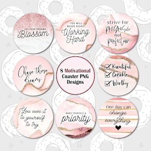 Motivational Quote Car Coaster PNG, New Year&#39;s Sublimation Coaster, Affirmation Car Coaster Template, Pink and Gold Agate Coaster Design