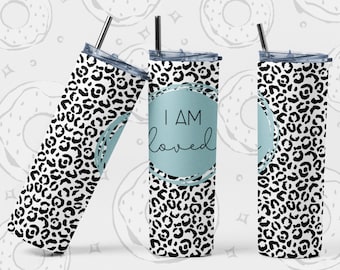 Christian 20 oz Skinny Tumbler Wrap, Sublimation Tumbler Design, I am Loved Tumbler PNG, Teal Leopard Print Tumbler Vorlage nahtlos