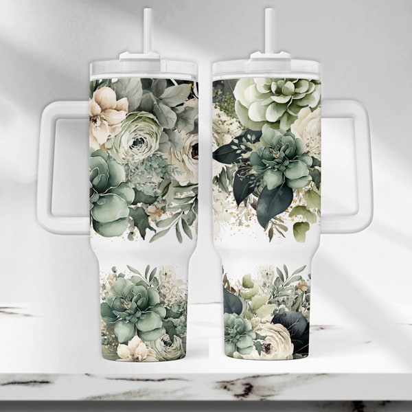 Ivory Green Floral 40 oz Tumbler PNG, Gold Floral 40 oz Tumbler Wrap, White Greenery Floral 40oz Tumbler Template, 40 oz Sublimation Tumbler