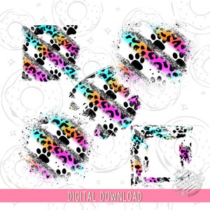 May include: Digital download featuring colorful leopard print designs with paw prints, diagonal stripes, and a distressed effect. The designs include vibrant hues of pink, orange, blue, and black. The text "DIGITAL DOWNLOAD" is at the bottom.