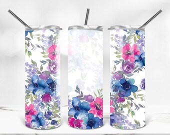 Fiori rosa blu Aggiungi le tue parole 20 Oz Skinny Tumbler PNG Design, Tumbler Wrap, Floral Tumbler Template, Aggiungi il tuo testo Sublimazione