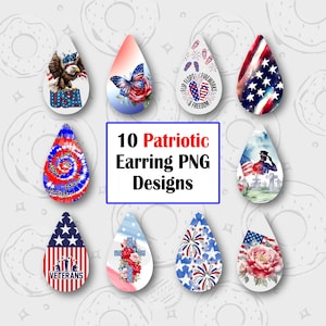 Patriotic Earring PNG, 4th of July Earring Sublimation Design, USA Earring Design, America Drop Earring Bundle, Red White Blue Earring PNG