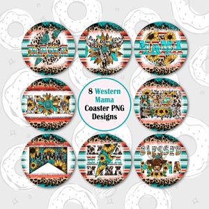Western Car Coaster PNG, Mama Sublimation Coaster Design, Boho Coaster Bundle, Serape Leopard Print Coaster Template, Round Keychain PNG