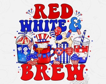 4 de julho PNG, design de sublimação de café com leite, design de camisa patriótica de gnomo, café PNG de 4 de julho, design digital engraçado de cerveja vermelha e branca