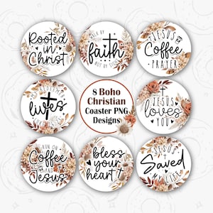 Christian Car Coaster PNG, Boho Car Coaster Sublimation Design, Floral Boho Round PNG, Faith Keychain PNG, Jesus and Coffee Coaster Design