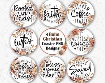 Christian Car Coaster PNG, Boho Car Coaster Sublimation Design, Floral Boho Round PNG, Faith Keychain PNG, Jesus and Coffee Coaster Design