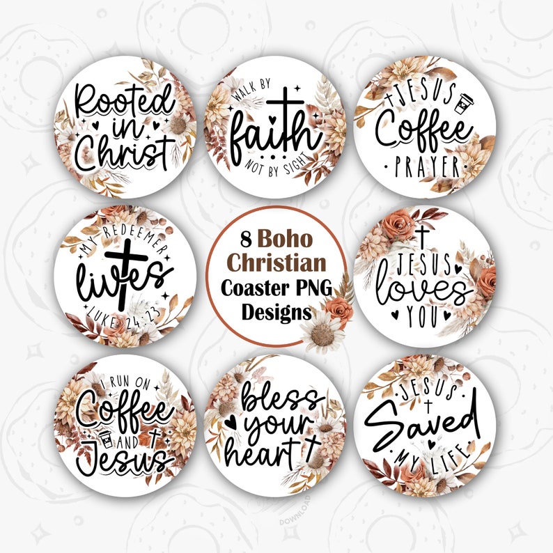 Christian Car Coaster PNG, Boho Car Coaster Sublimation Design, Floral Boho Round PNG, Faith Keychain PNG, Jesus and Coffee Coaster Design