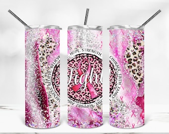 Vaso de concientización sobre el cáncer de mama PNG, vaso de sublimación de cinta rosa, envoltura de vaso de lucha, diseño de vaso delgado rosa y plateado de 20 oz
