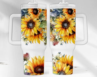 Sunflower 40 oz Tumbler Wrap, Floral 40 oz Sublimation Tumbler Design, Yellow Flower 40 oz Tumbler PNG, Seamless Tumbler Template