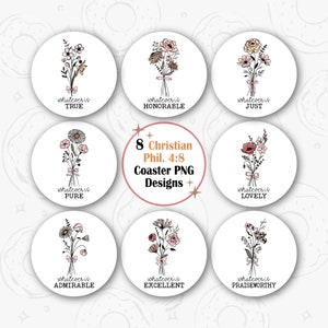 Christian Car Coaster PNG, Bible Verse Car Coaster Sublimation Design, Floral Round Coaster Template, Philippians Scripture Car Coaster Set