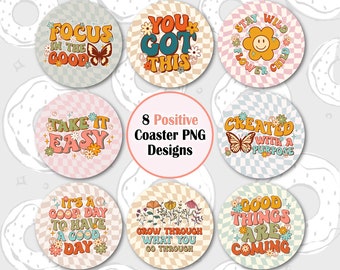 Retro Car Coaster PNG, Positive Quotes Sublimation Coaster Bundle, Wavy Checker Coaster Design, Trendy Coaster Template, Round Keychain PNG