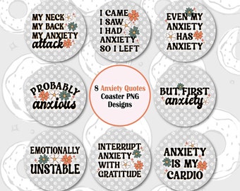 Anxiety Coaster PNG, Retro Car Coaster PNG, Daisy Sublimation Coaster, Mental Health Coaster Bundle, Round Keychain PNG, Funny Coaster Desig
