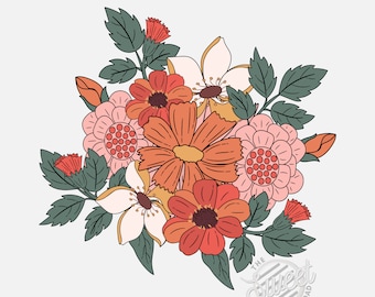 Retro Flower PNG, Floral Sublimation Design, Floral Background DTF Shirt Design, Add your own Text digital Download, Retro Floral Clipart