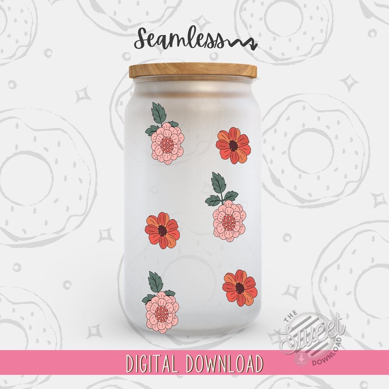 May include: A white glass jar with a wooden lid, decorated with five floral stickers. The stickers feature pink and orange flowers with green leaves. The jar is on a white background with a pattern of donuts.