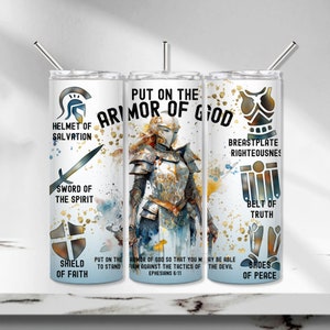 May include: Three stainless steel tumblers with a white background and colorful watercolor splatters. Each tumbler features a different piece of armor from the Armor of God, with the corresponding Bible verse. The tumblers are perfect for holding hot or cold beverages.
