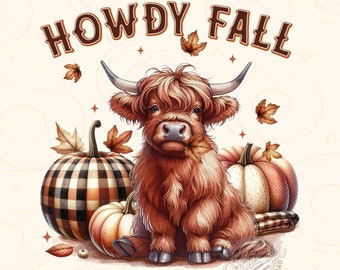 Howdy Fall PNG, Highland Cow Sublimation Design, Autumn DTF Shirt Design, Western Fall Digital Download, Fall Leaves Cow PNG, Plaid Pumpkin
