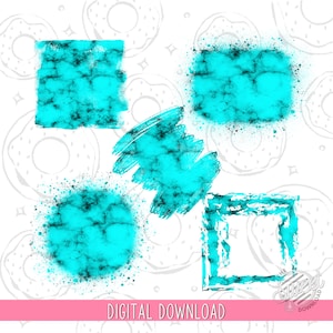 May include: Digital download graphic with five turquoise marble-effect shapes: a square, a rectangle, a circle, a brushstroke, and a square frame. The shapes have black veining on a white background with donut outlines. The text "DIGITAL DOWNLOAD" is at the bottom.
