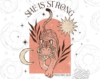 She is Strong Christian Tiger PNG: Retro Shirt Design (Digital Download)