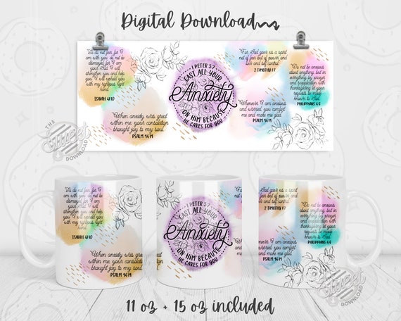 Christian Mug Wrap, Anxiety Mug PNG, Bible Verse Sublimation Mug Design, Watercolor 11 oz and 15oz Mug Template, Affirmations Mug Wrap