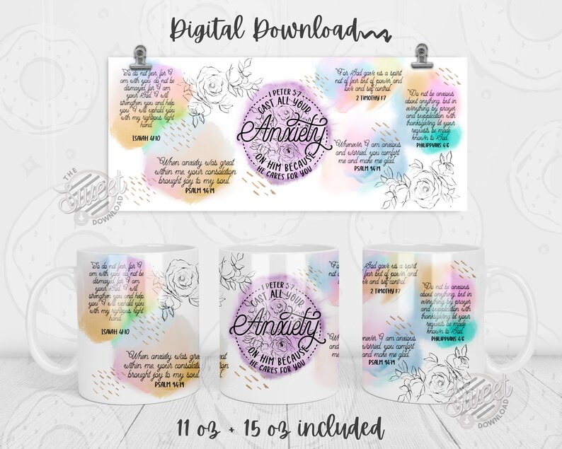 Christian Mug Wrap, Anxiety Mug PNG, Bible Verse Sublimation Mug Design, Watercolor 11 oz and 15oz Mug Template, Affirmations Mug Wrap
