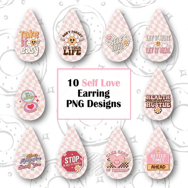 Retro Earring PNG, Drop Earring Bundle, Self Love Sublimation Earring, Mental Health Earring Design, Trendy Earring Template, Daisy Teardrop