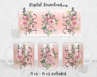 Blumenbecher PNG, Namen hinzufügen Sublimationsbecher, Roségold-Blumenbecher-Sublimationsdesign, Frühlingsbecherverpackung, 11 Unzen- und 15 Unzen-Bechervorlage, Zitat hinzufügen