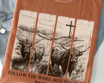 Follow the Word not the Herd Western PNG, Christian Sublimation Design, Vintage Bible Verse DTF, Highland Cow PNG Boho Shirt Design