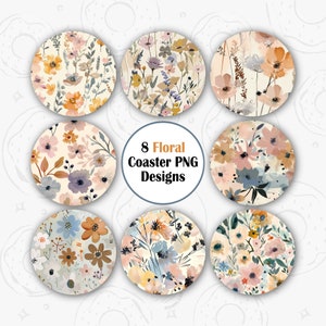 Floral Car Coaster PNG, Boho Car Coaster Sublimation Design, Flower Round Coaster Design, Wildflower Coaster Template, Keychain PNG
