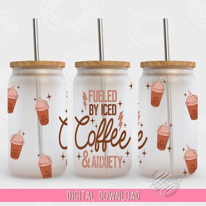 Iced Coffee Glass Can PNG, Funny 16 oz Glass Can PNG, Anxiety Glass Can Wrap, Retro Glass Can Design, Vintage Seamless Glass Can Template