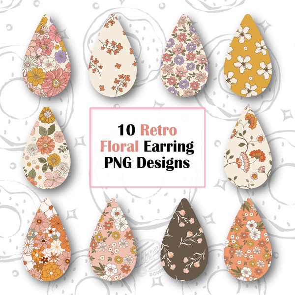 Retro Earring PNG, Spring Sublimation Earring Design, Floral Drop Earring PNG, Retro Flower Earring Template, Teardrop Earring Sublimation