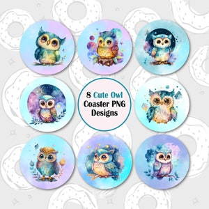 Owl Car Coaster PNG, Cute Owl Sublimation Coaster, Celestial Coaster Bundle, Owl Lover Coaster Design, Bird Coaster Template, Car Accessorie