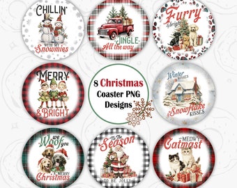 Posavasos de coche PNG, diseño de posavasos de coche navideño para sublimación, diseño PNG redondo navideño vintage, paquete de adornos navideños de perros, adorno PNG