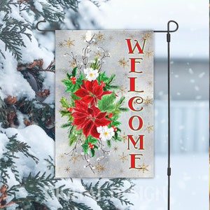 Winter Garden Flag PNG, Welcome Poinsettia Garden Flag Design, Christmas Sublimation Garden Flag Digital Download