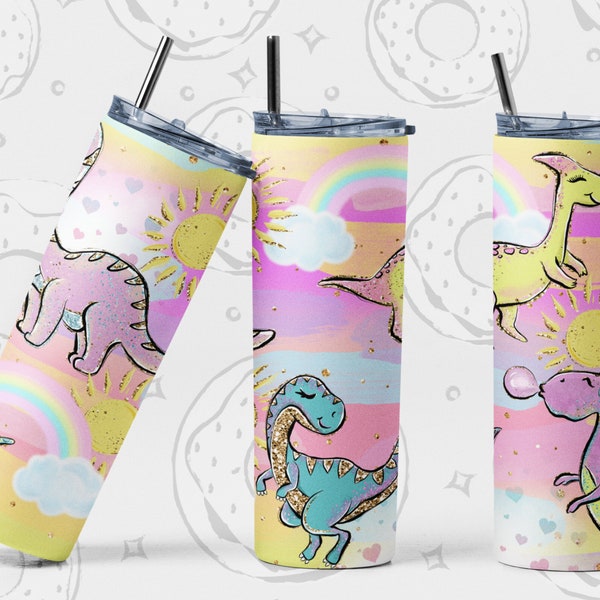 Dinosaur Tumbler Wrap, Girl Dino Sublimation Tumbler, Rainbow Tumbler PNG, Colorful 20 oz Skinny Tumbler Design, Seamless Tumbler Template