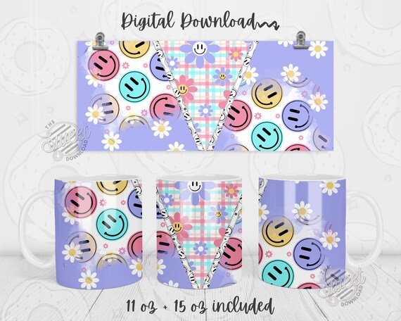 Retro Mug PNG, Daisy Sublimation Mug, Groovy Mug Wrap, Fun Mug Design, 11 oz and 15 oz Mug Template, Spring Full Wrap Mug PNG