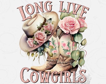 Westerse PNG, lang leve cowgirls sublimatie ontwerp, cowboylaarzen cowboy hoed shirt ontwerp, bloemen laarzen DTF, Pink Roses Cowgirl Hat Digital