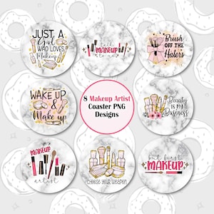 Makeup Car Coaster PNG, Makeup Artist Sublimation Coaster, Beauty Business Coaster Bundle, Marble Coaster Design, Round PNG, Keychain PNG