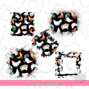 Puede incluir: Cuatro diseños digitales con fondo negro, pollos blancos y follaje verde. Los diseños son de forma cuadrada, circular y dos rectangulares. Los diseños son perfectos para proyectos de manualidades, scrapbooking y mucho más.