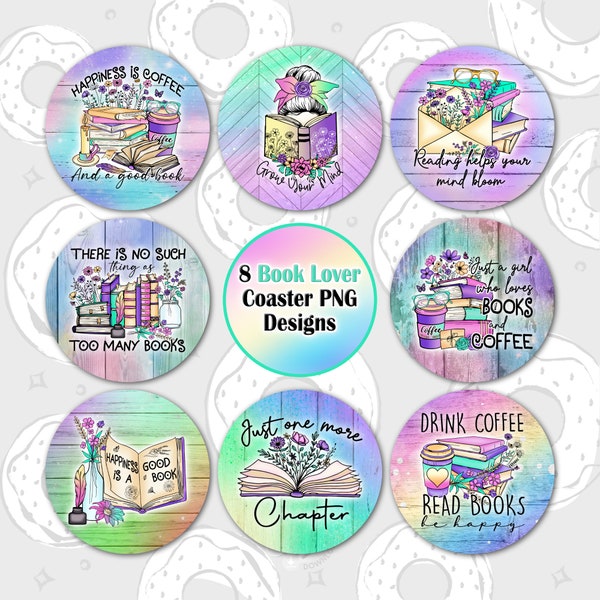 Car Coaster PNG, Book Lover Sublimation Coaster, Book Quotes Coaster Template, Books and Coffee Coaster Bundle, Keychain PNG, Rainbow wood
