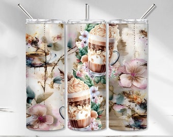 Coffee Tumbler Wrap, Iced Coffee Tumbler PNG, Latte Sublimation Tumbler, Vintage Floral Seamless 20 oz Skinny Tumbler Design