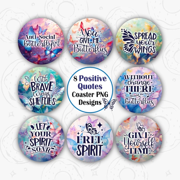 Positive Quote Car Coaster PNG, Butterfly Car Coaster Sublimation Design, Anti Social Butterfly Coaster Design, Round PNG, Positive Keychain