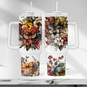 Boho 40 oz Tumbler Wrap, Butterfly 40 oz Tumbler PNG, Floral 40oz Sublimation Tumbler Design, Seamless 40oz Tumbler Template, Vintage Floral