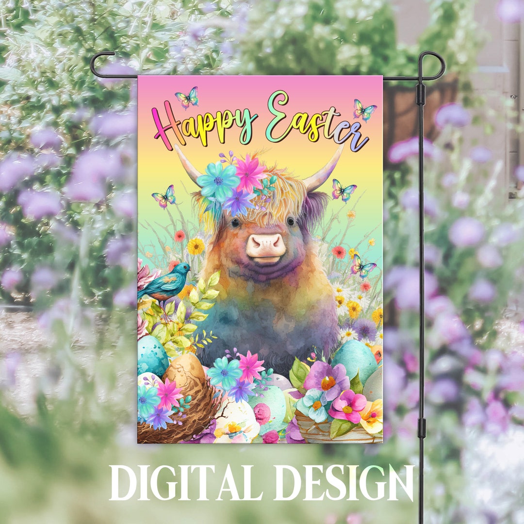 Easter Garden Flag PNG, Highland Cow Garden Flag Sublimation Design