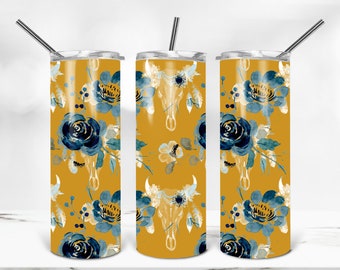 Floral Bullhead Tumbler PNG, Boho Tumbler Wrap, Blue Flower Bull Head 20 oz Skinny Tumbler Design Download, Western Boho Tumbler Template