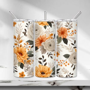 Fall Tumbler PNG, Fall Floral Tumbler Wrap, Yellow Orange Flower Sublimation Tumbler Design, Boho Floral 20 oz Skinny Tumbler, Seamless
