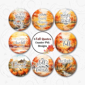 Fall Car Coaster PNG, Fall Quote Sublimation Car Coaster, Autumn Scenery Round Coaster Design, Hello Fall Round PNG, Give Thanks Keychain PN