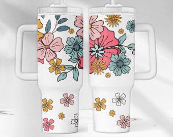 Floral 40 oz Tumbler Wrap, Retro 40 oz Tumbler PNG, Hand Drawn Flower 40 oz Tumbler, 40 oz Tumbler Template, Pink Blue Flower Tumbler Design
